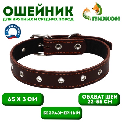 Ошейник кожаный на синтепоне, безразмерный, 65×3 см, ОШ 22-55 см, коричневый