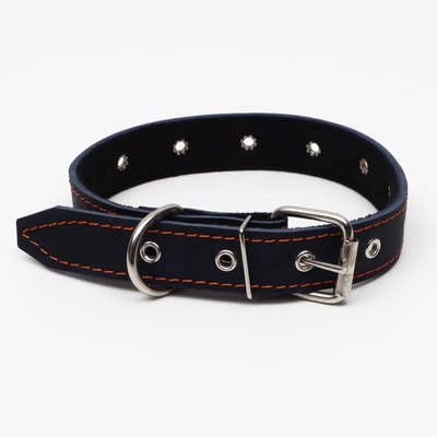 Ошейник кожаный на синтепоне, безразмерный, 65×3 см, ОШ 22-55 см, синий
