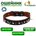 Ошейник кожаный двухслойный шипованный, 63×3 см, ОШ 40-55 см, чёрный - Фото 1