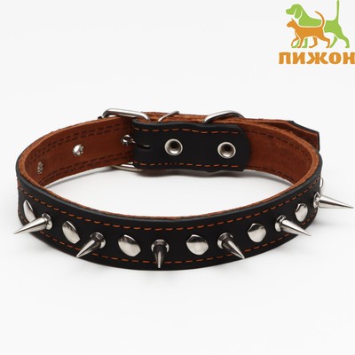 Ошейник кожаный двухслойный шипованный, 63×3 см, ОШ 40-55 см, чёрный