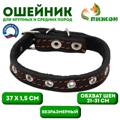 Ошейник кожаный на синтепоне, безразмерный, 37 х 1.5 см, ОШ 21-31 см, чёрный