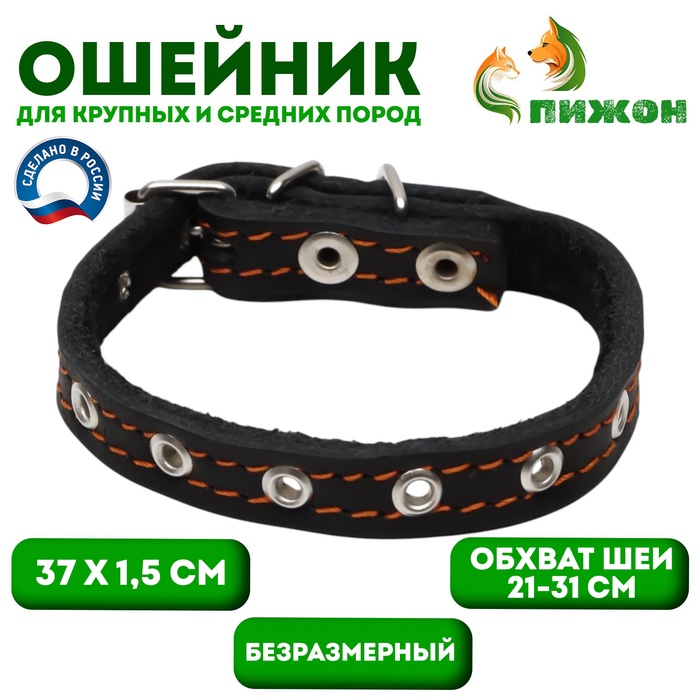 Ошейник кожаный на синтепоне, безразмерный, 37 х 1.5 см, ОШ 21-31 см, чёрный - Фото 1