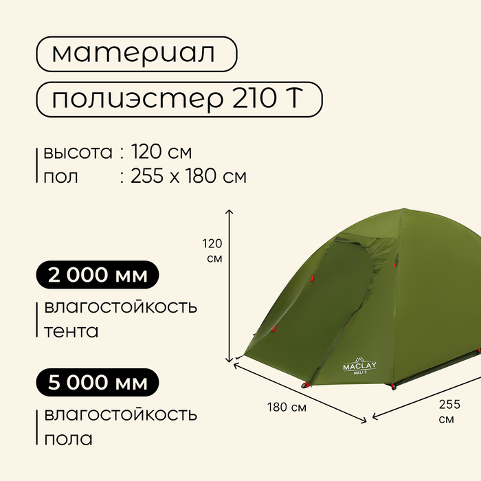 Палатка туристическая Maclay MALI 3, р. 255х180х120 см, 3-местная, двухслойная - фото 1905811730