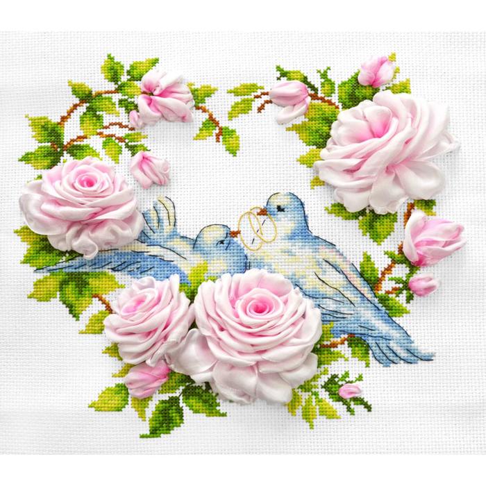 Набор для вышивания счетным крестом и лентами «Любовь и голуби» - Фото 1