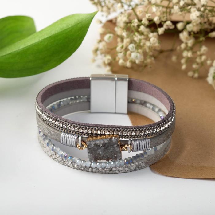 Браслет кожа «На магните» нэйчурал, бело-серый в золоте, 19.5 см - Фото 1