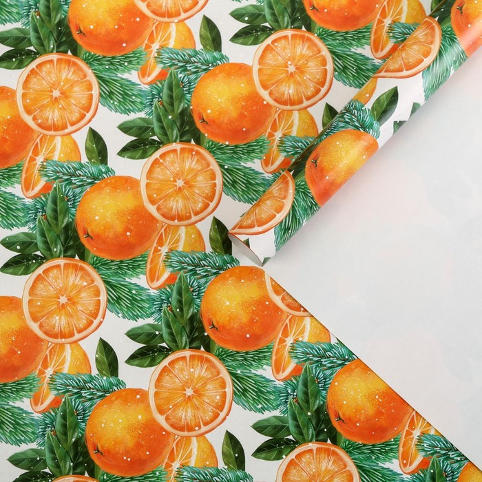 Бумага упаковочная глянцевая «Яркие мандарины», 50 х 70 см, Новый год - Фото 1