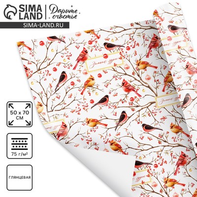 Упаковочная бумага на новый год «Птицы на ветвях», 50×70 см, глянцевая