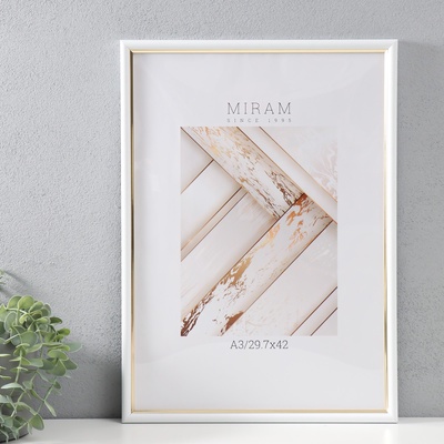 Фоторамка для фото 29.7×42 см (А3) «МИРАМ», пластик, белый с золотом, (пластиковый экран)