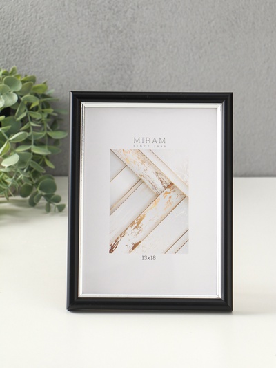 Фоторамка для фото 13×18 см «МИРАМ», пластик, чёрный с серебром, (пластиковый экран)