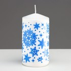 Свеча - цилиндр новогодняя "Снежинки", 5х10 см, белая с синим - фото 11840129
