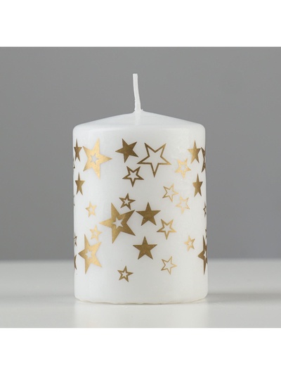 Свеча-цилиндр с узорами «Звезды», 5.6×8 см, белая с золотым
