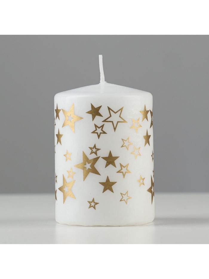 Свеча-цилиндр с узорами «Звезды», 5.6×8 см, белая с золотым - Фото 1