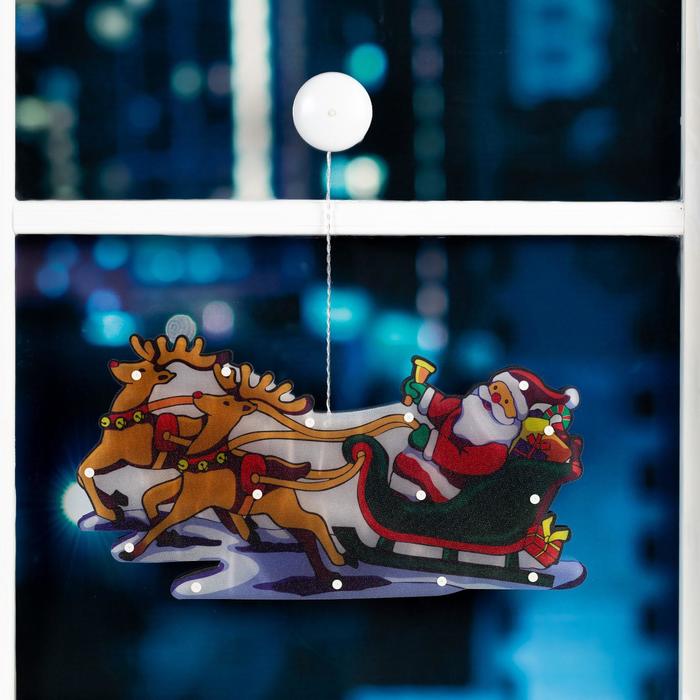 Светодиодная фигура на присоске «Дед Мороз в санях» 44 × 25 см, пластик, батарейки АААх3 (не в комплекте), свечение тёплое белое - фото 1905812970