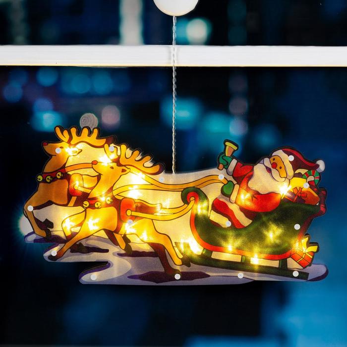 Светодиодная фигура на присоске «Дед Мороз в санях» 44 × 25 см, пластик, батарейки АААх3 (не в комплекте), свечение тёплое белое - фото 1905812971