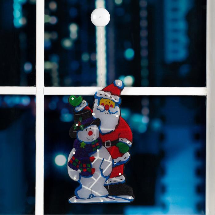 Светодиодная фигура на присоске «Дед Мороз и снеговик» 25 × 44 см, пластик, батарейки АААх3 (не в комплекте), свечение тёплое белое - фото 1885189511