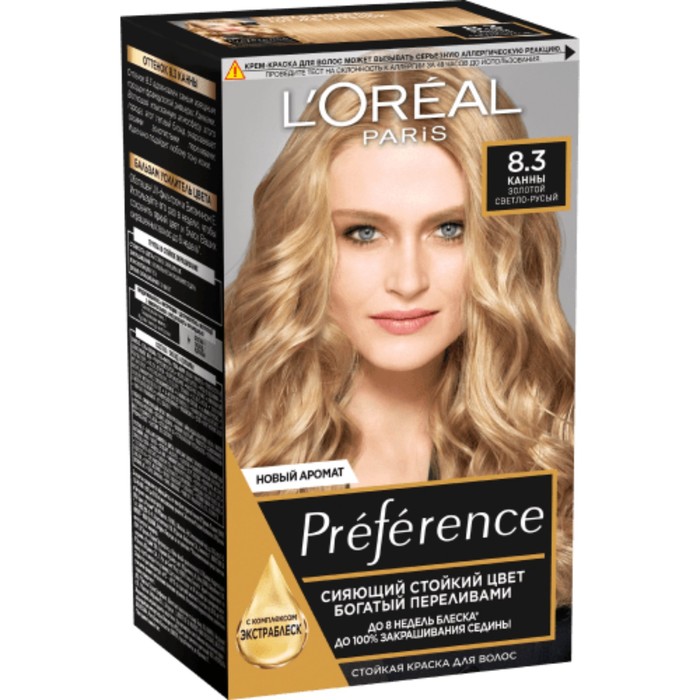 Краска для волос L'Oreal Preference, тон 8.3 Канны, Золотой Светло-Русый - Фото 1