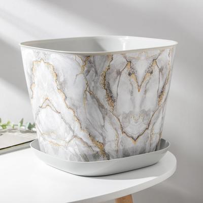 Горшок с поддоном «Мрамор», 9.8 л, пластиковый, светло-серый