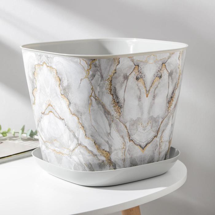 Горшок с поддоном «Мрамор», 9.8 л, пластиковый, светло-серый - Фото 1