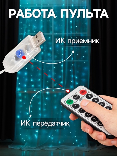 Гирлянда «Занавес» 2.8×3 м, роса на крючках, с пультом, IP20, серебристая нить, 300 LED, свечение аквамарин, 8 режимов, USB