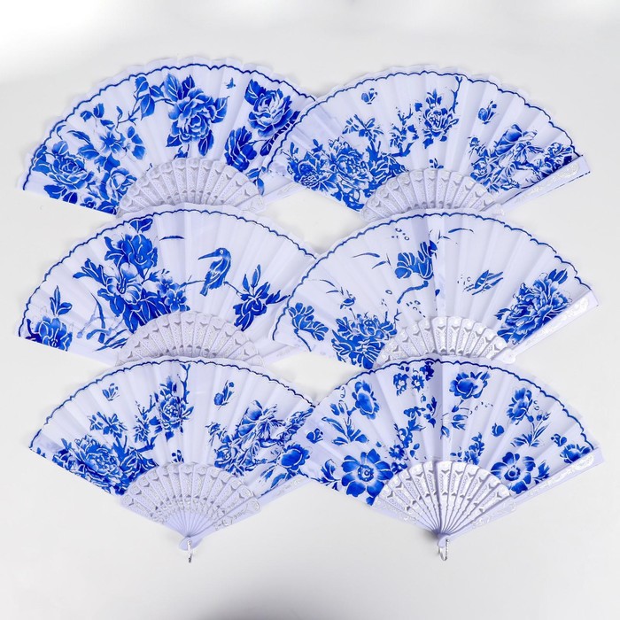 Веер пластик, текстиль "Синий рисунок на белом" МИКС 23 см - фото 1907263306