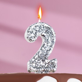 Свеча в торт «Блестки», цифра "2", серебро, 6.5х4