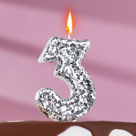 Свеча в торт «Блестки», цифра "3", серебро, 6.5х4