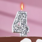 Свеча в торт «Блестки», цифра "4", серебро, 6.5х4 - фото 9310531