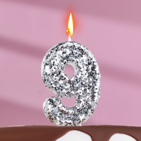 Свеча в торт «Блестки», цифра "9", серебро, 6.5х4