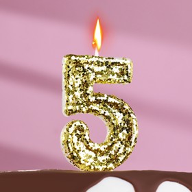 Свеча в торт «Блестки», цифра "5", золото, 5,5 см