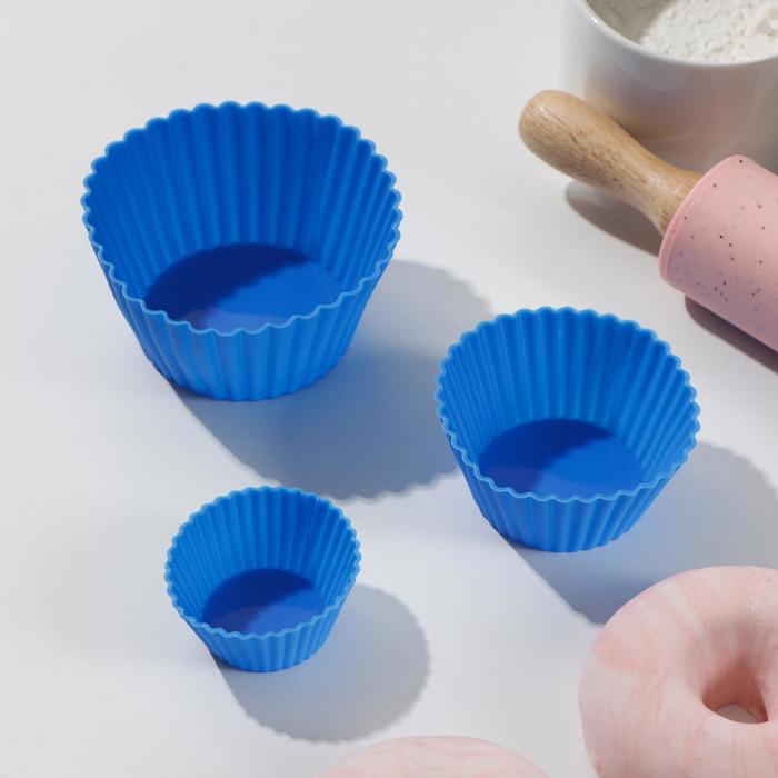 Набор форм для выпечки Доляна «Риб. Круг», силикон, 3 шт., 9×4 см, 7×3.5 см, 5×2.5 см, цвет голубой - Фото 1