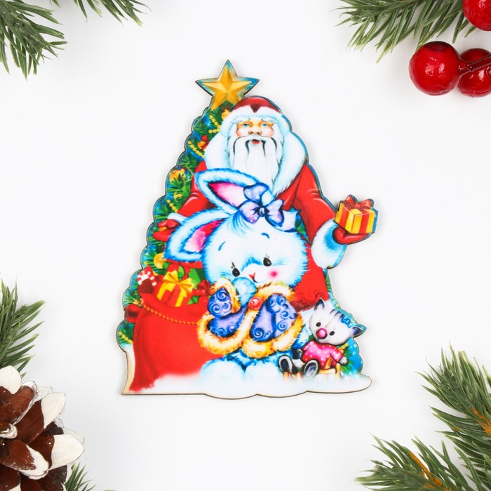 Магнит "Дед мороз и кролик", ёлочка, дерево, 8,8х6,8 см - Фото 1