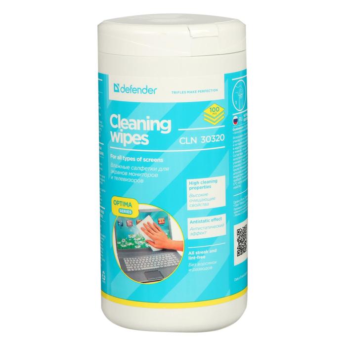 Салфетки чистящие для всех типов экранов, Defender Cleaning wipes, Optima, 100 штук в тубе - Фото 1