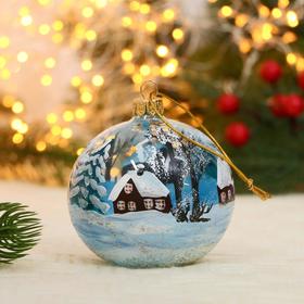 Ёлочный шар d-8 см "Зимний вечер в деревне" ручная роспись, голубой