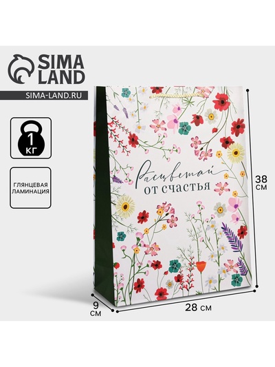 Пакет подарочный ламинированный, упаковка, «Расцветай от счастья», L 28×38×9 см