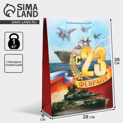 Пакет подарочный ламинированный, упаковка, «С 23 февраля», L 28×38×9 см