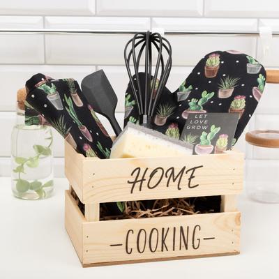 Кухонный набор «Этель» Home cooking: полотенце, варежка-прихватка, лопатка, венчик, губка