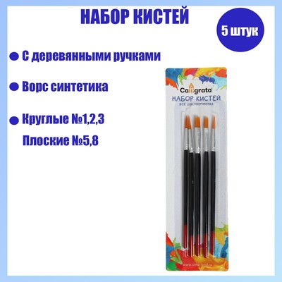 Набор кистей для рисования, синтетика, 5 штук: № 1, 2, 3 (круглые), № 5, 8 (плоские), Calligrata, круглые, плоские, деревянная ручка
