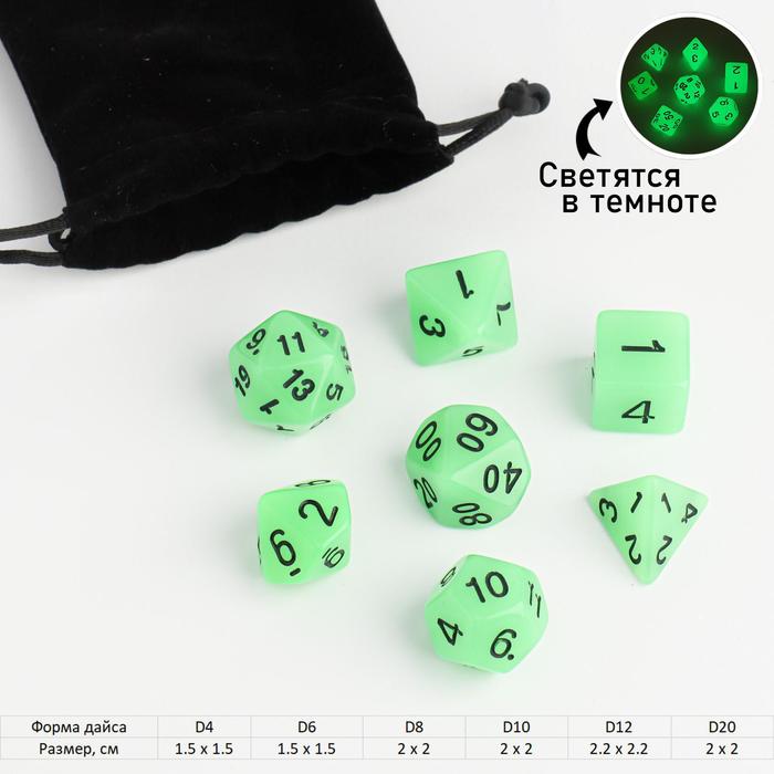 

Кости игральные, дайсы для D&D (Dungeons and Dragons, ДнД), D&D, "Сияние", 7 шт, светящиеся