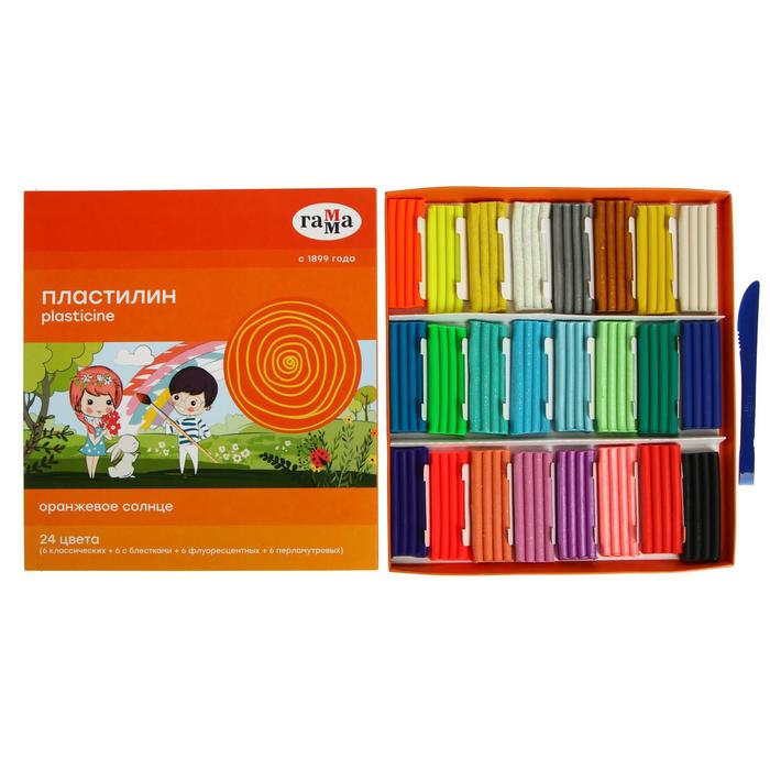 Пластилин 24 цвета 312 г (6 классических, 6 с блёстками, 6 перламутровых, 6 флуоресцентных) «Гамма» «Оранжевое солнце», со стеком - Фото 1