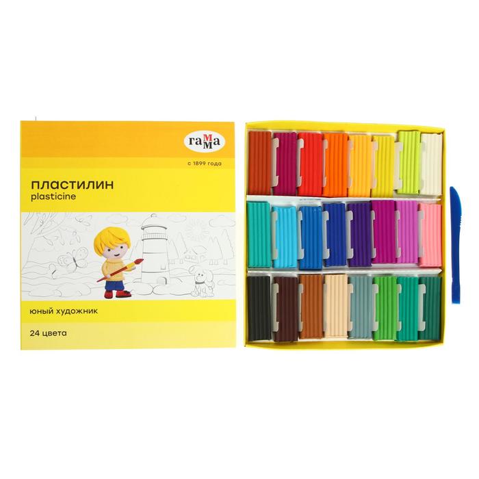 Пластилин «Гамма. Юный художник», 24 цвета, 336 г, со стеком, картонная упаковка - Фото 1