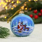 Ёлочный шар d-8 см "Дед Мороз в лесу" ручная роспись, голубой - фото 9317844