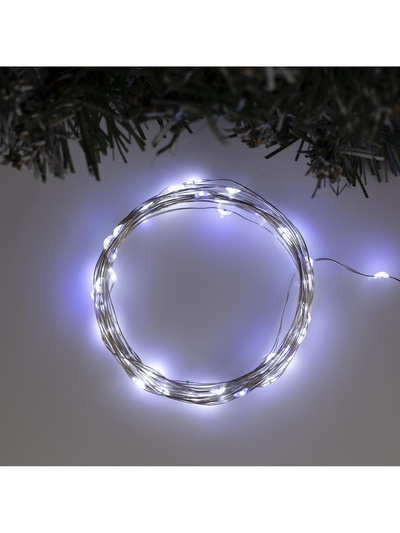 Гирлянда «Нить» 5 м, роса, IP20, серебристая нить, 50 LED, мерцание белым, от батареек АА×3, свечение белое