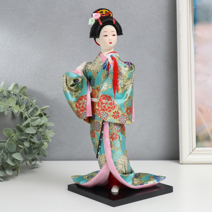 Кукла коллекционная &quot;Гейша в бирюзовом кимоно с цветами&quot; 32х13х13 см