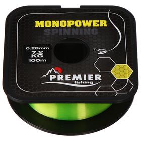 Леска Preмier fishing MONOPOWER Spinning, диаметр 0.28 мм, тест 7.2 кг, 100 м, флуоресцентная желтая