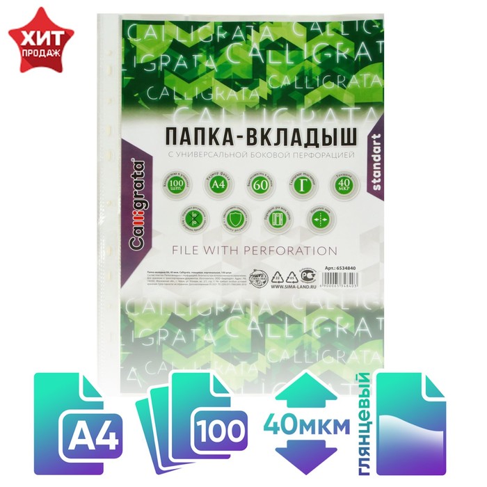 Файл - вкладыш Calligrata, А4, 40 мкм, глянцевый, вертикальный, 100 штук - Фото 1