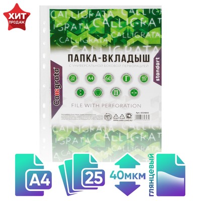 Файл - вкладыш Calligrata, А4, 40 мкм, глянцевый, вертикальный, 25 штук