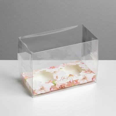 Коробка для капкейка, кондитерская упаковка, 2 ячейки «Цветущий сад», 16 х 8 х 11.5 см