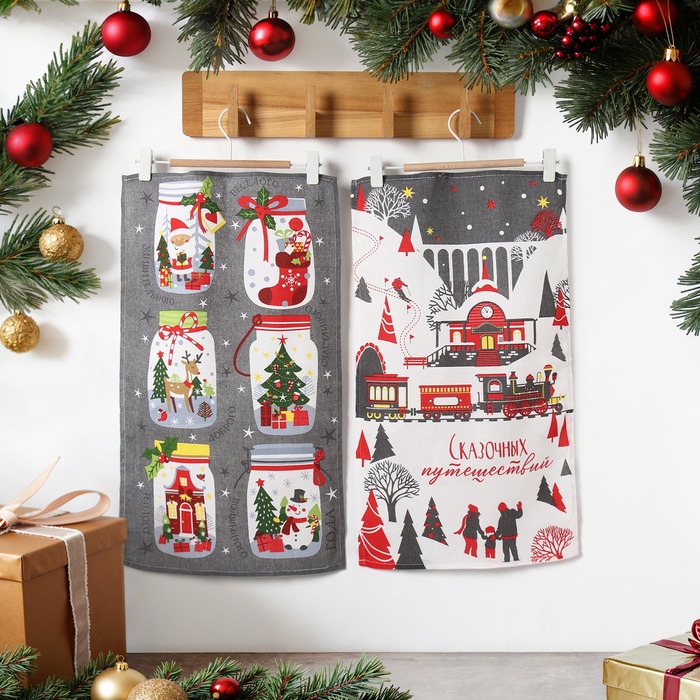 Набор новогодних кухонных полотенец Доляна «Волшебного года» 35×60 см-2 штуки, 100% хлопок - Фото 1