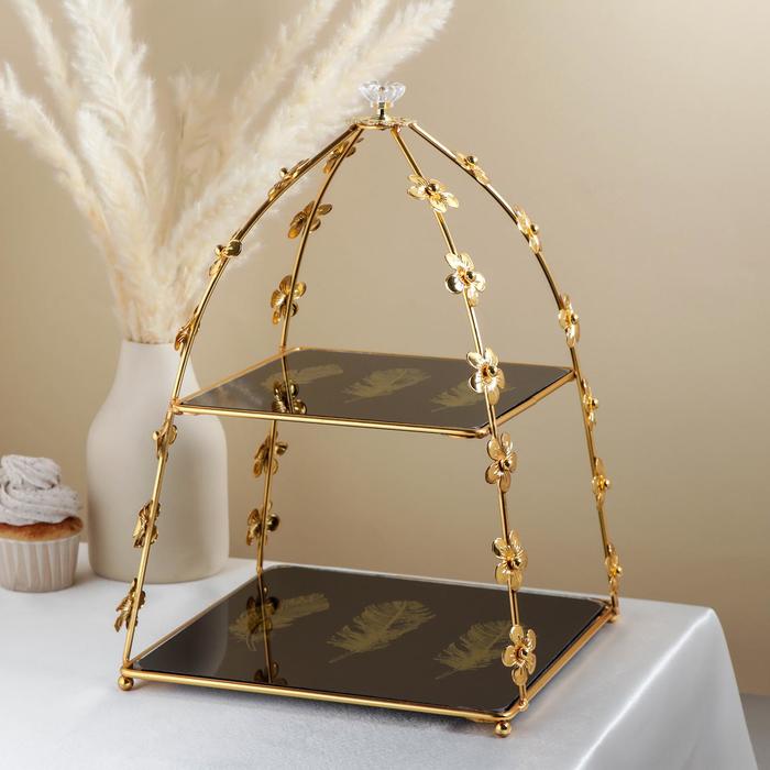 Подставка для десертов 2-х ярусная «Перо», 26×26×37 см, цвет металла золотой