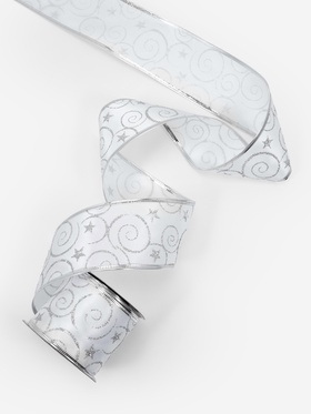 Лента атласная с металлической нитью «Узоры со звездой», 60 мм, 9±0.5 м, цвет белый, серебряный